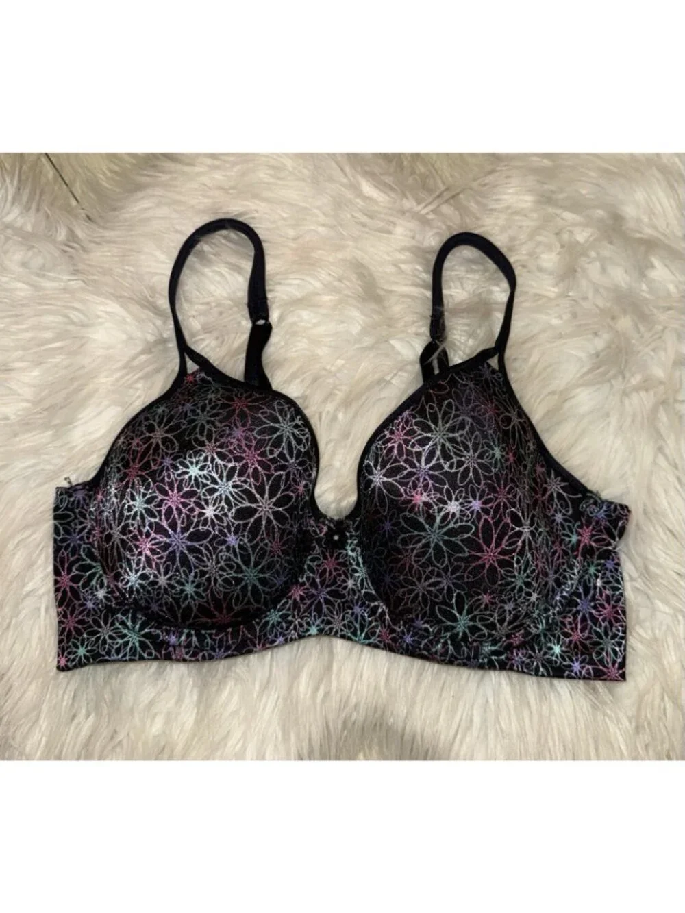 Vintage Warners 01397 Full Coverage Underwire Bra Lined Floral Womens 36C Black
